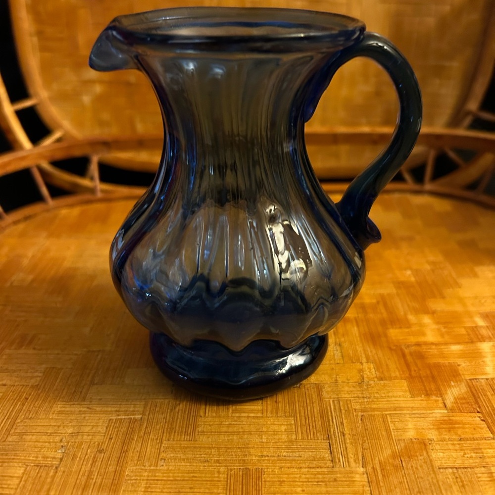 Vintage Cobalt Blue Swirl Accent Handblown Vase with Ribbed Pattern